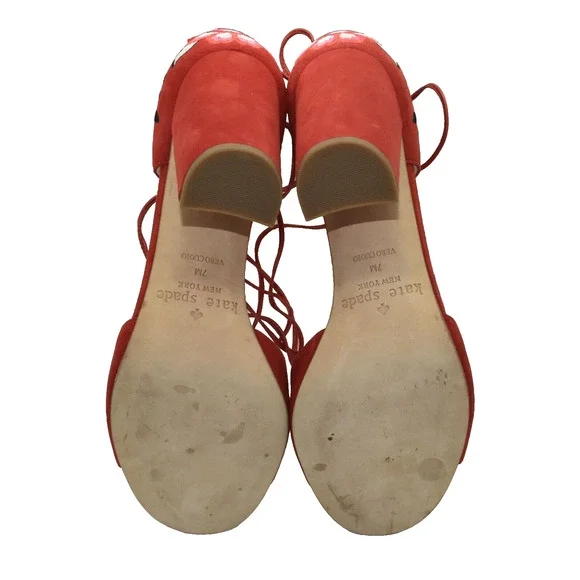 B0 NWOB KATE SPADE Red Suede Embroidered Accent Tie Block Heel Sandals Size 7 M - Picture 8 of 9